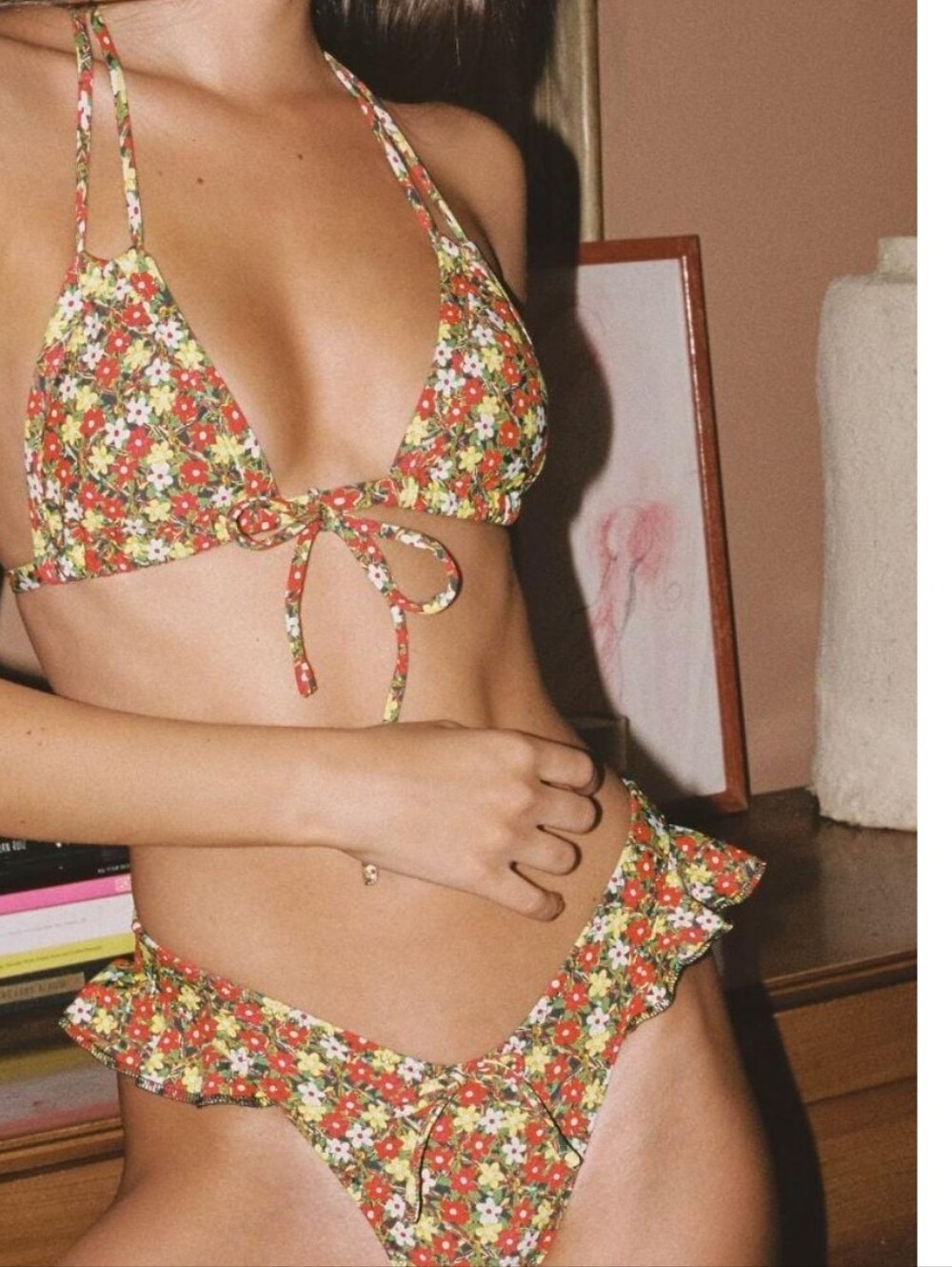 Montce Red Floral Ruffle Tie-Front Bikini Set